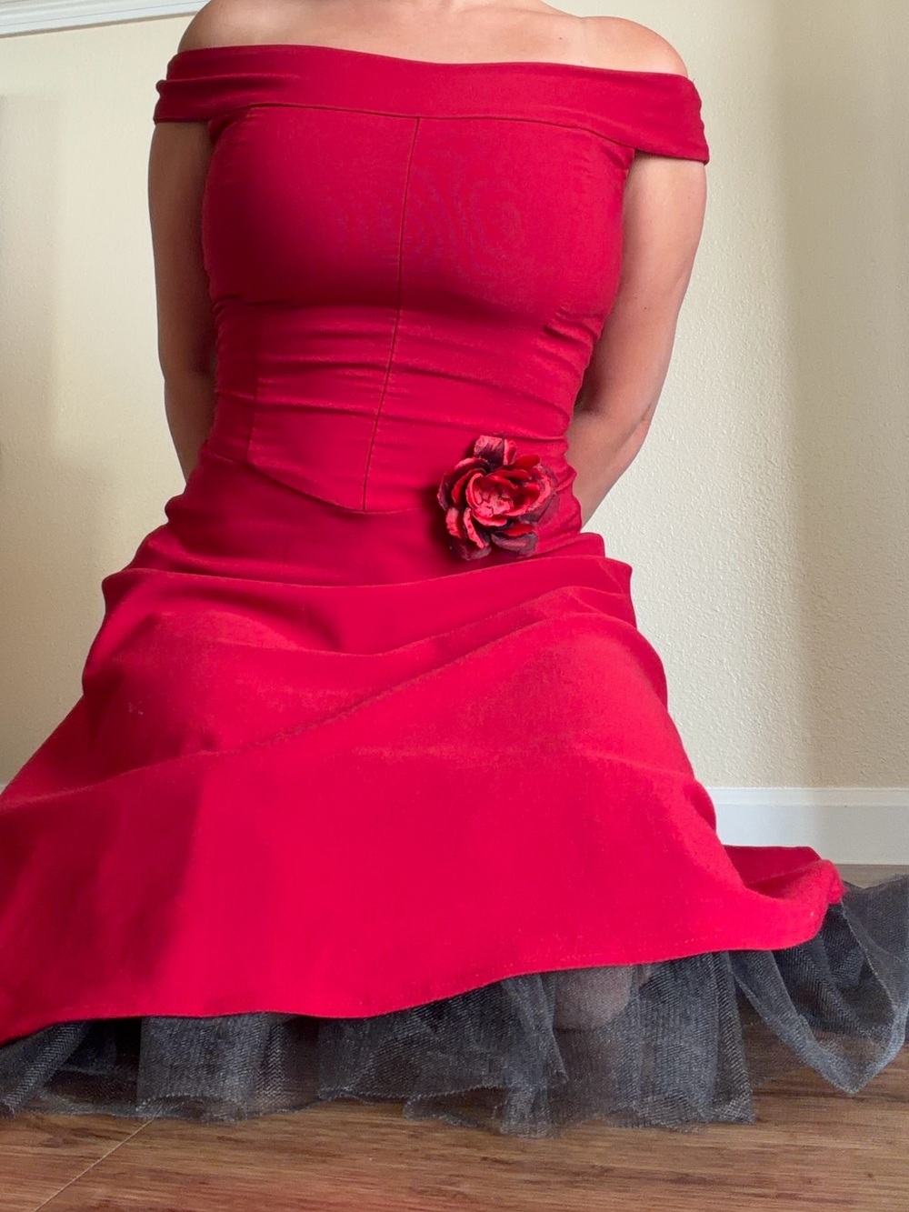 Vintage Red Ruby Rox off the shoulder dress with red and black rose